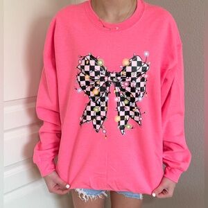 Womens Bright Pink Christmas Black Checkered Bow Lights Crewneck Sweatshirt